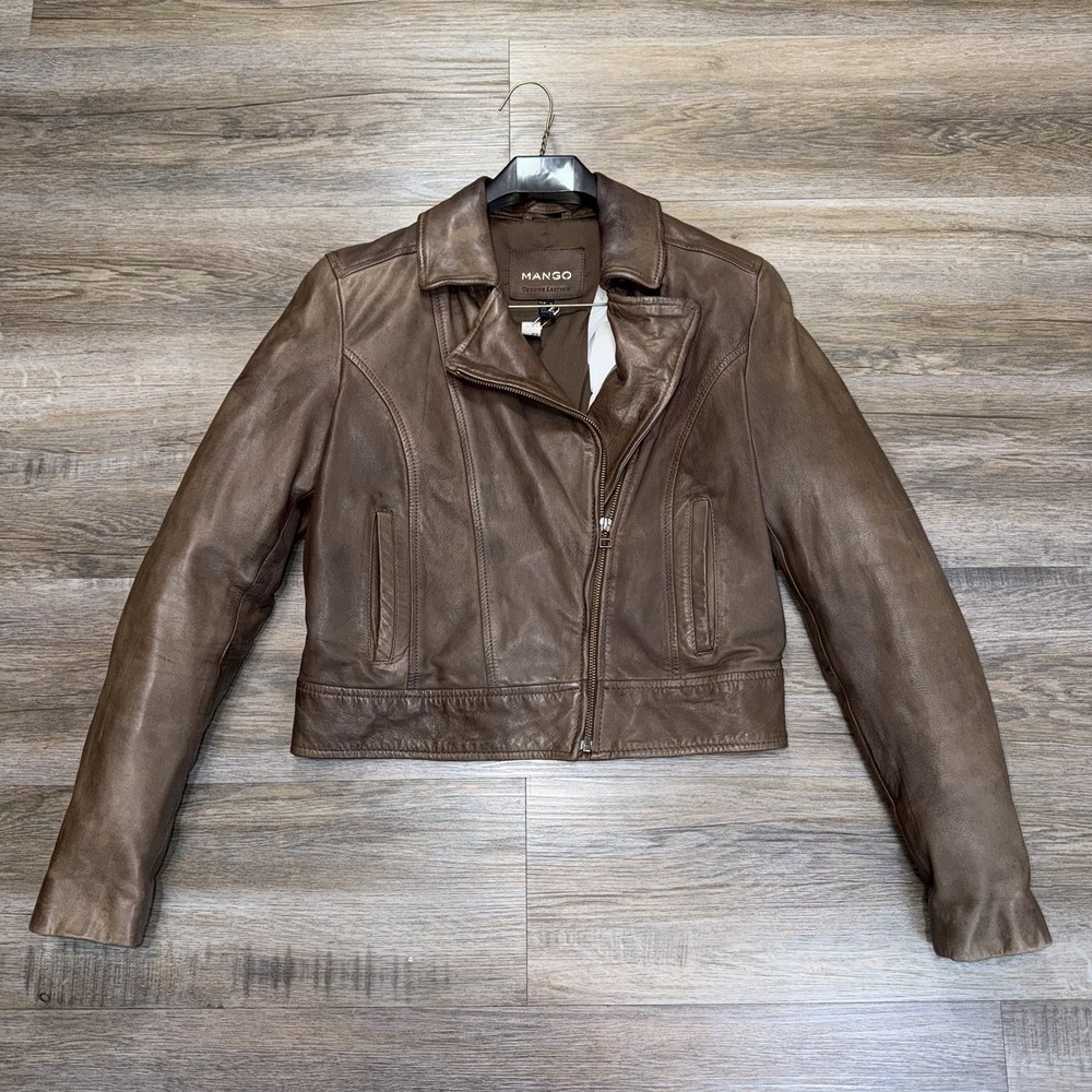 Mango 100% Genuine Leather Moto Jacket Womens S Asymmetrical Front Zip Detailing